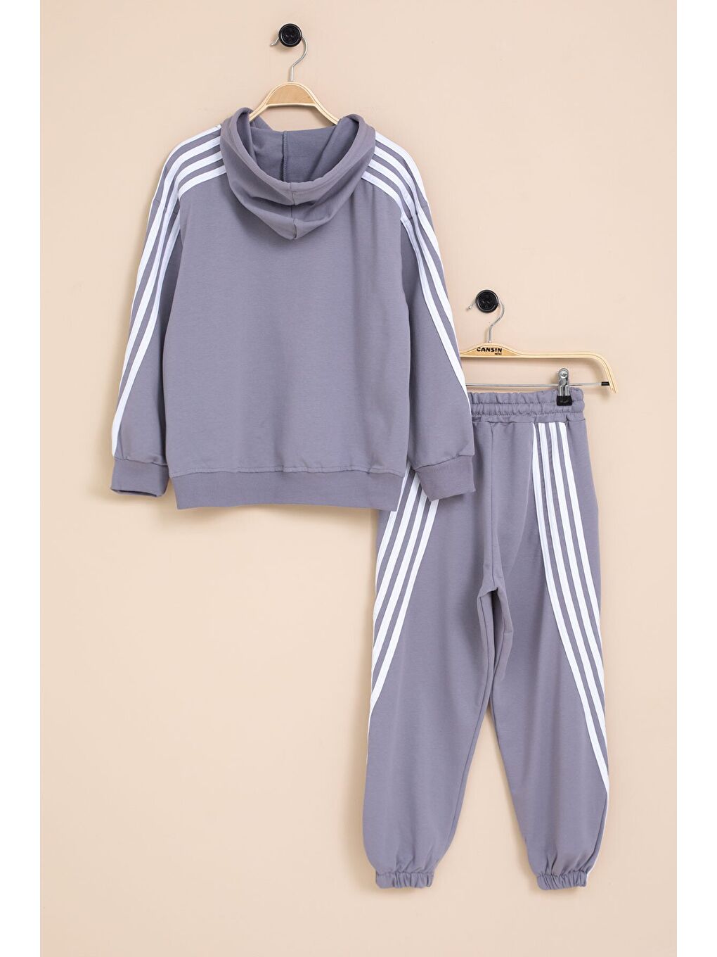 Gri Füme Şerit Detaylı Yazı Baskılı Kapüşonlu Erkek Çocuk Eşofman Takımı 21451-3