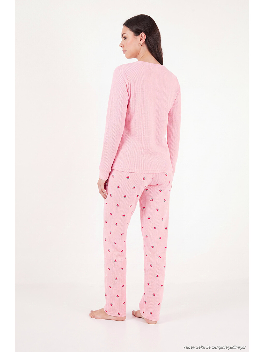 Pembe Desenli Düğmeli Bisiklet Yaka Uzun Kollu Kadın Pijama Takımı 6575021-6