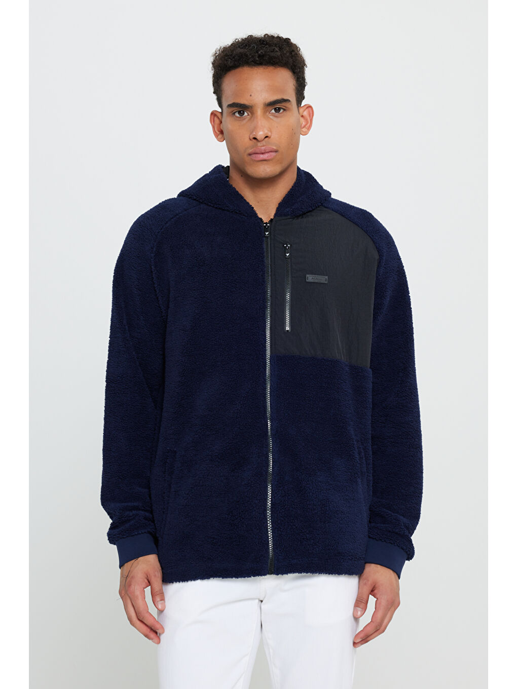 Lacivert Oversize Bol Kesim Kapüşonlu Erkek Polar Fermuarlı Sweatshirt Hırka-1