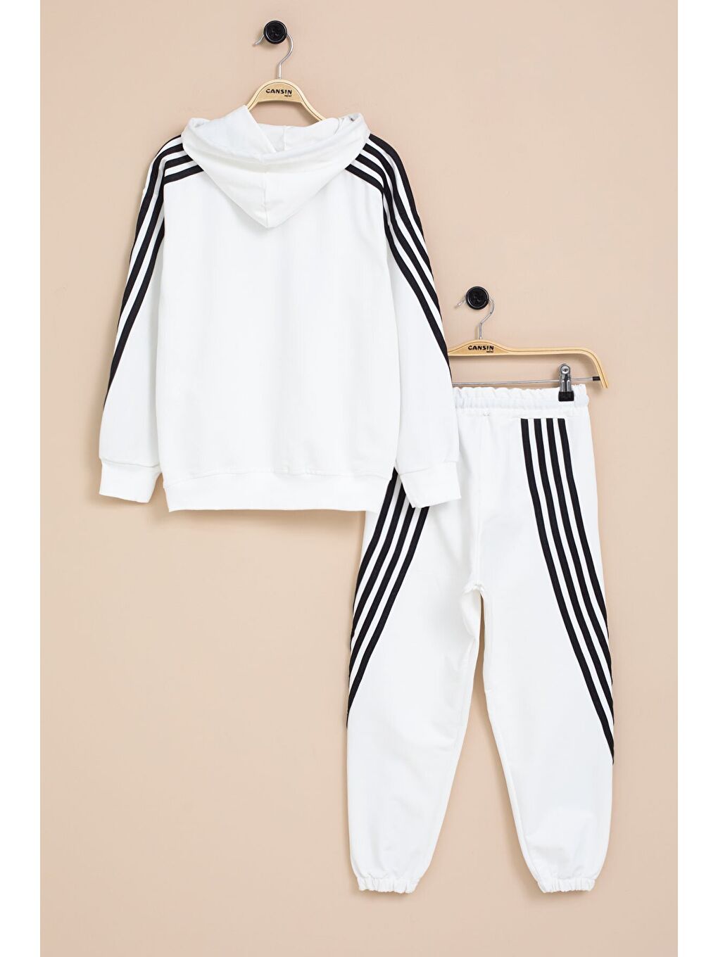 Beyaz Şerit Detaylı Yazı Baskılı Kapüşonlu Erkek Çocuk Eşofman Takımı 21450-4