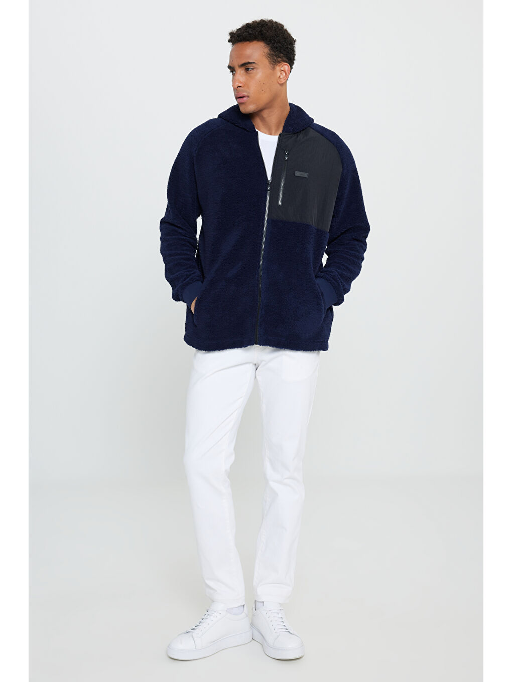 Lacivert Oversize Bol Kesim Kapüşonlu Erkek Polar Fermuarlı Sweatshirt Hırka-3