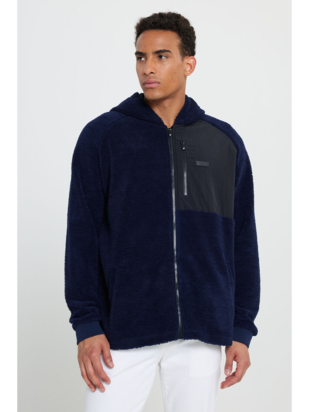 Lacivert Oversize Bol Kesim Kapüşonlu Erkek Polar Fermuarlı Sweatshirt Hırka-5