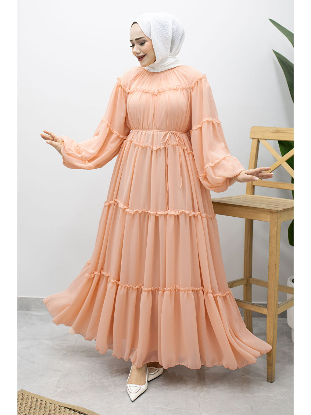 Pembe Beli Bağlamalı Fırfırlı Şifon Elbise TSD260142 Pudra-2