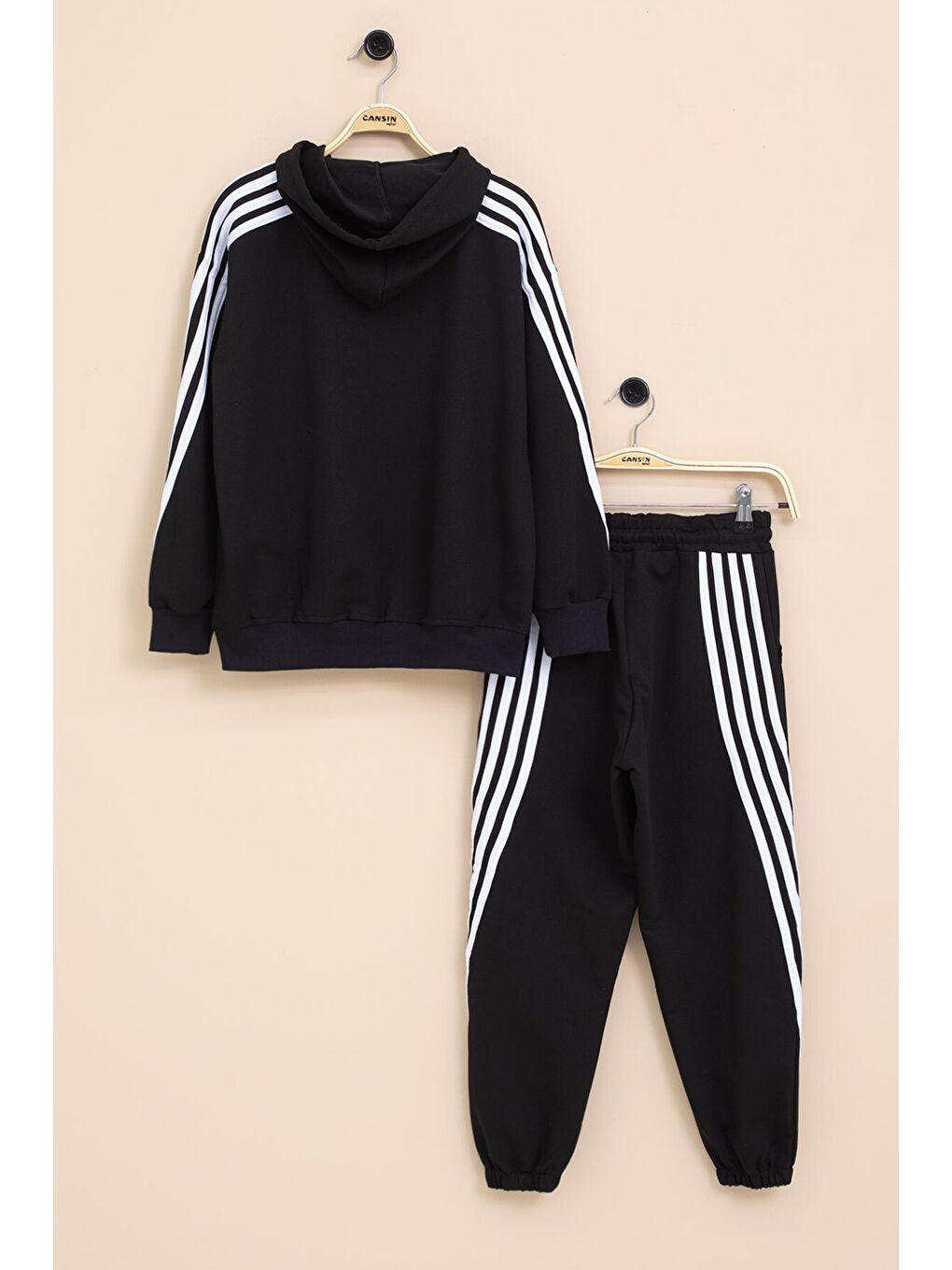 Siyah Şerit Detaylı Yazı Baskılı Kapüşonlu Erkek Çocuk Eşofman Takımı 21453-4