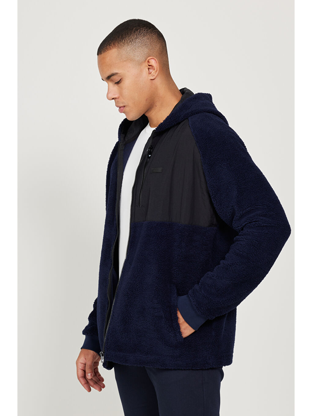 Lacivert Oversize Bol Kesim Kapüşonlu Erkek Polar Fermuarlı Sweatshirt Hırka-6