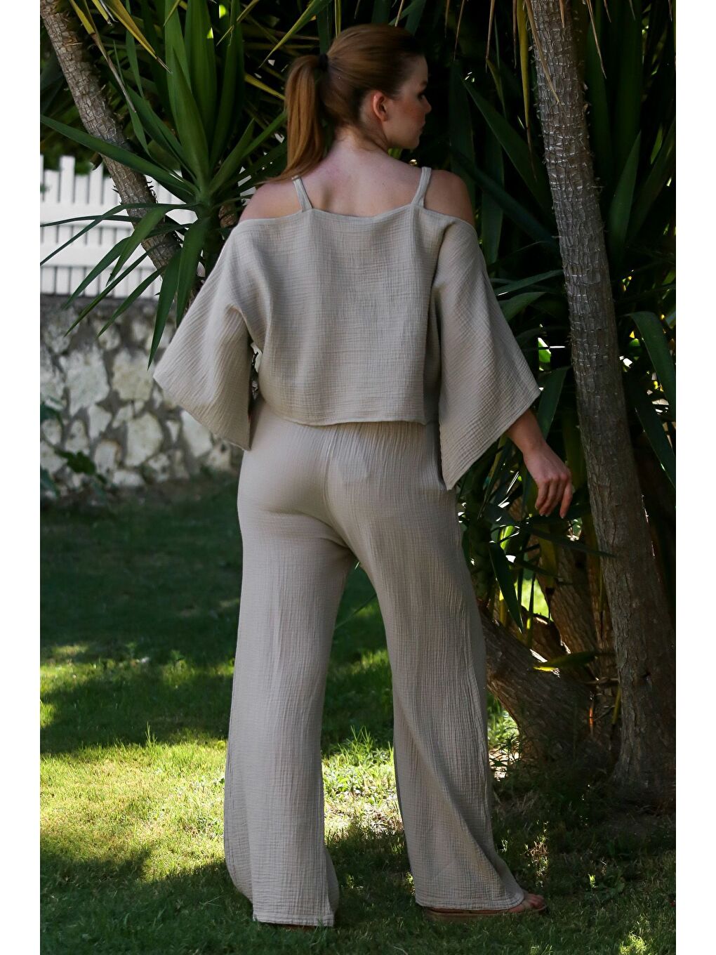 Bej Carmen Yaka Mendil Kol Cepli Yıkamalı Lastikli Bel Müslin Dokuma Takım 52-108 65-65-1