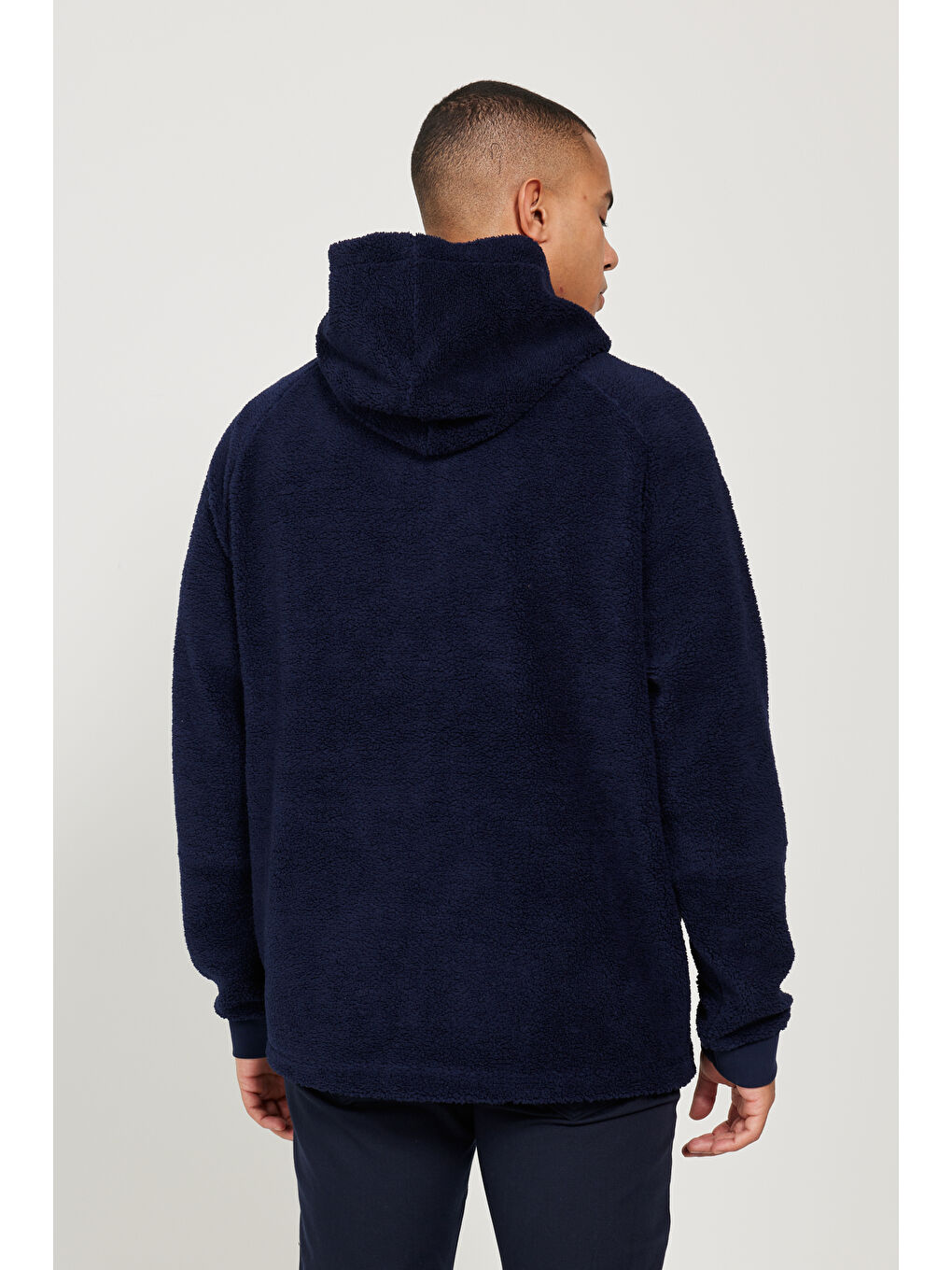 Lacivert Oversize Bol Kesim Kapüşonlu Erkek Polar Fermuarlı Sweatshirt Hırka-8