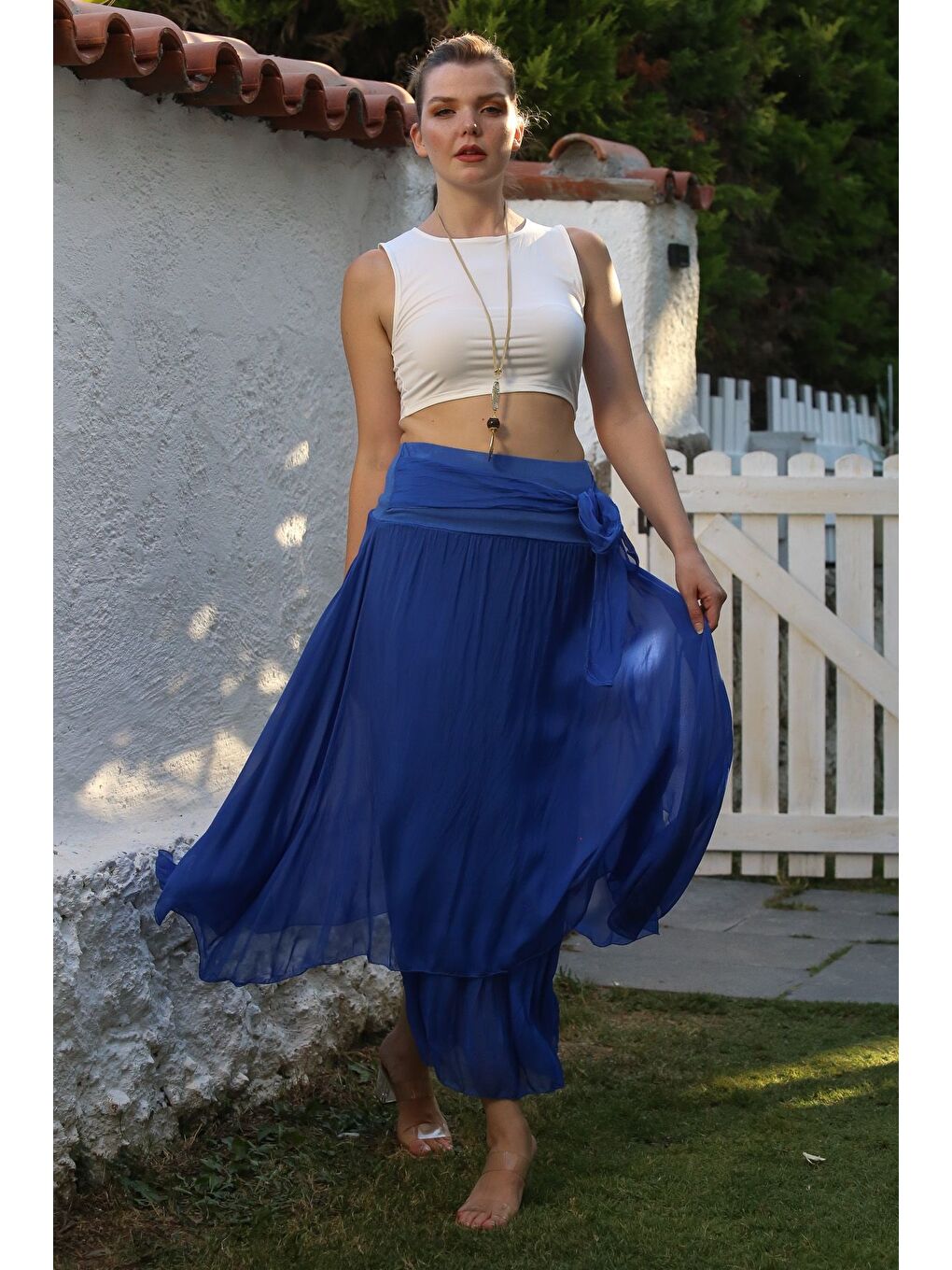 İtalyan Lacivert Astarlı Lastikli Bel Casual İpek Uzun Dokuma Etek 98 60