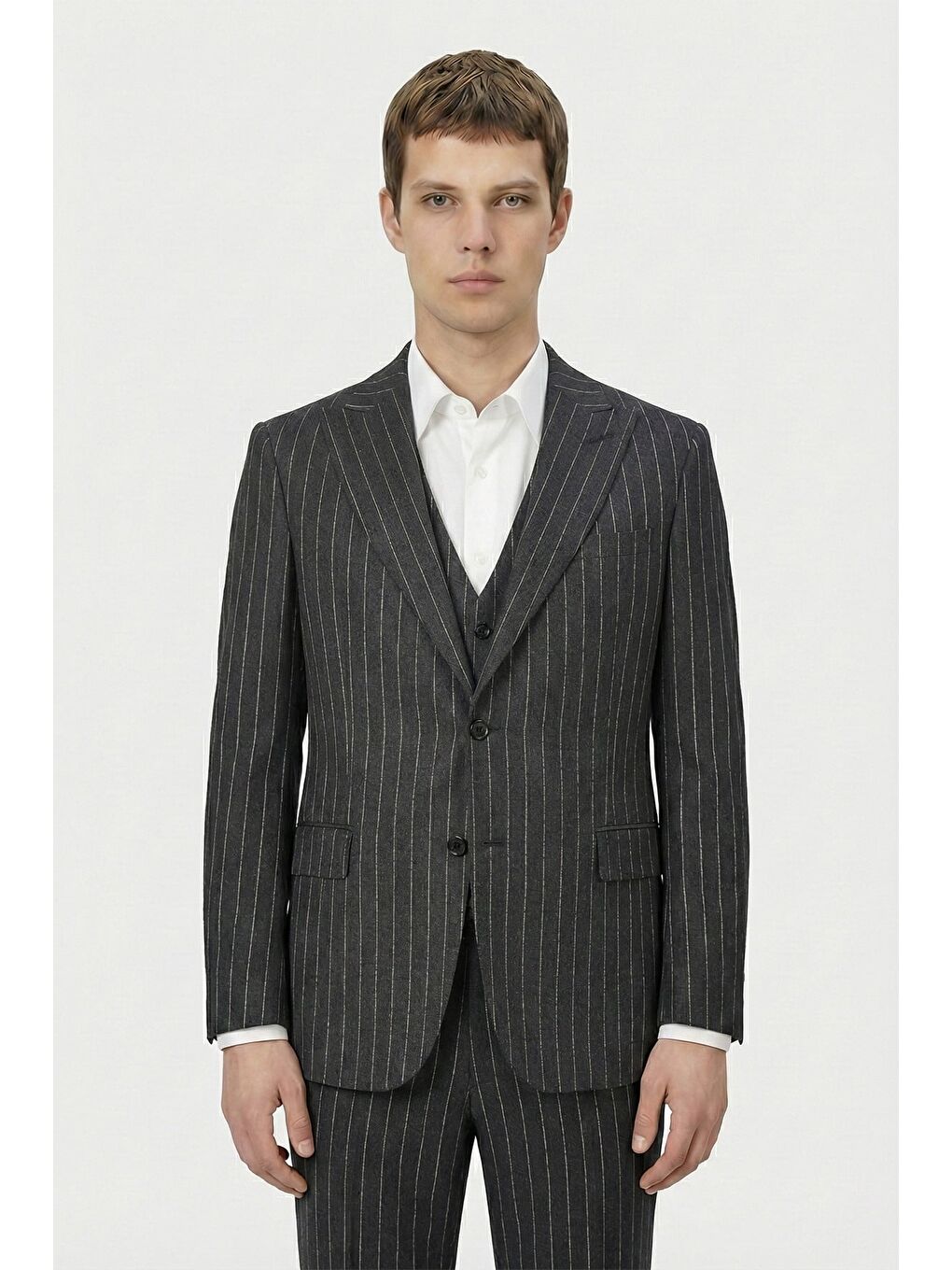 Giotelli Antrasit Slim Fit Çizgili Mono Yaka Yelekli 6 Drop Tam Astarlı Erkek Takım Elbise