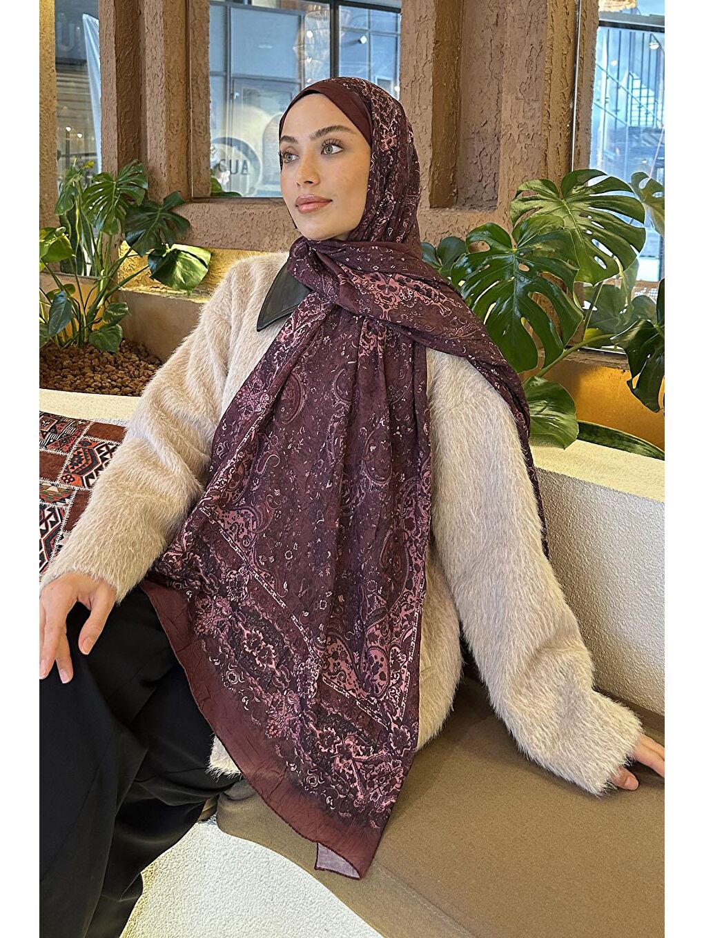 Retro Desen Bambu Şal Mürdüm-2