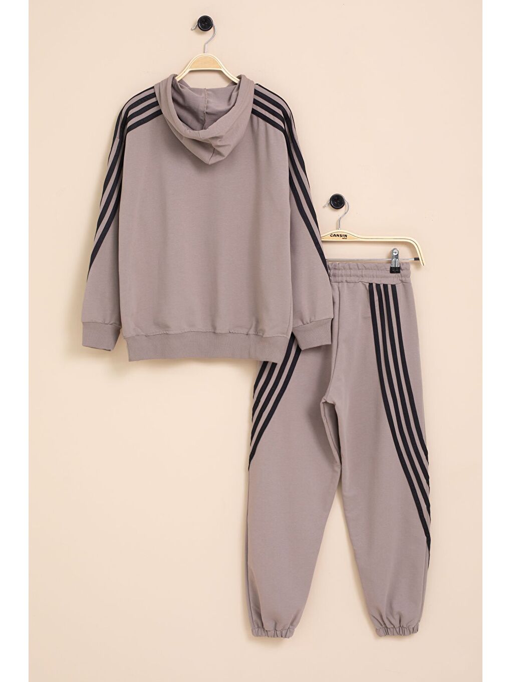 Kahverengi Şerit Detaylı Yazı Baskılı Kapüşonlu Erkek Çocuk Eşofman Takımı 21452-4