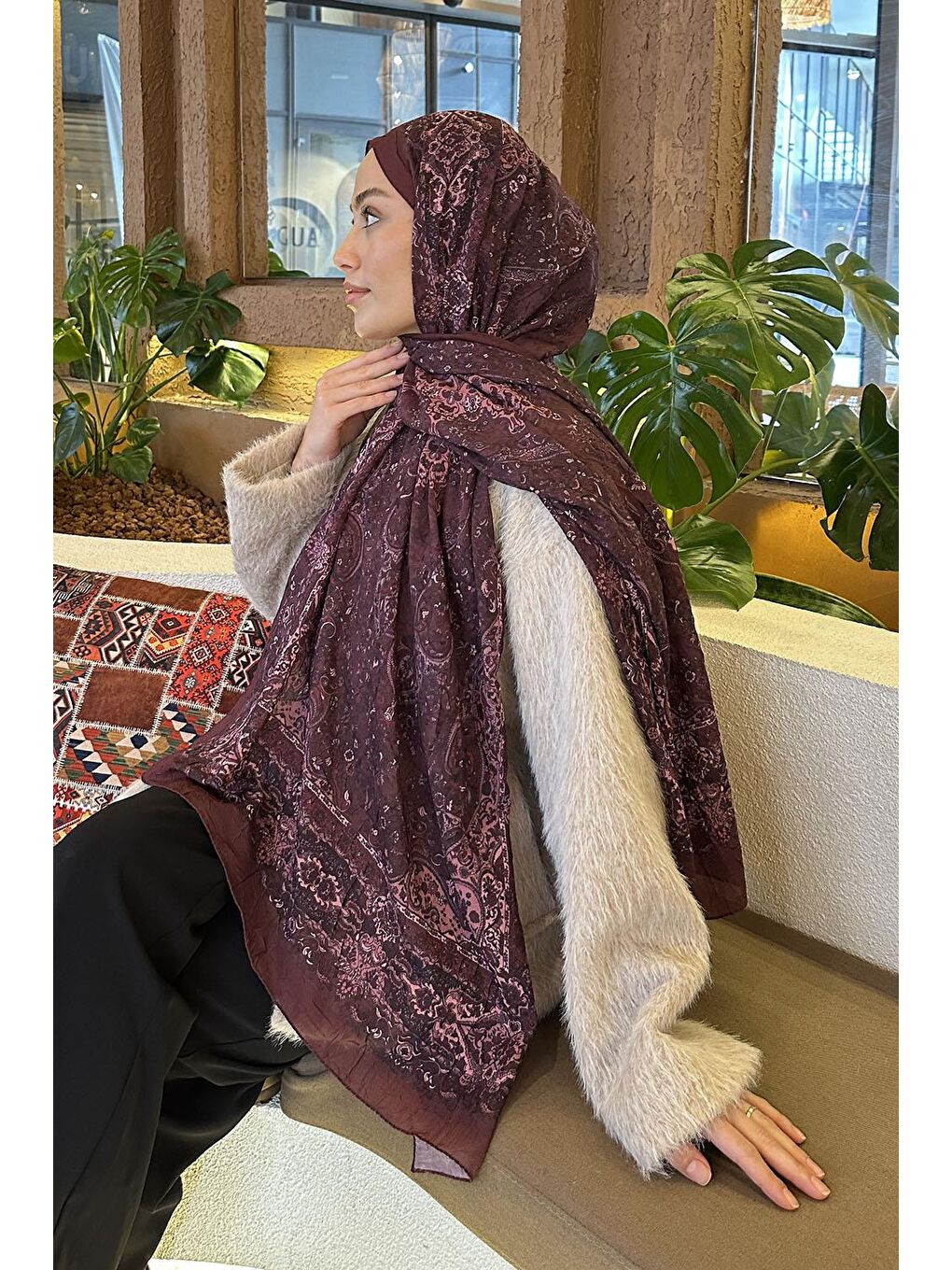 Retro Desen Bambu Şal Mürdüm-3