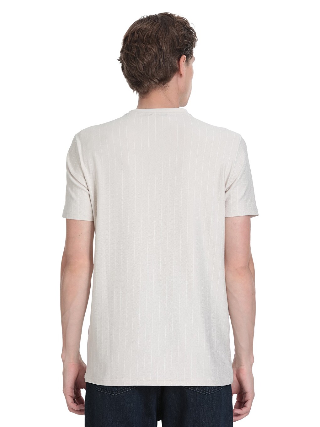 Bej Taş Regular Fit Çizgili Bisiklet Yaka Tişört-4