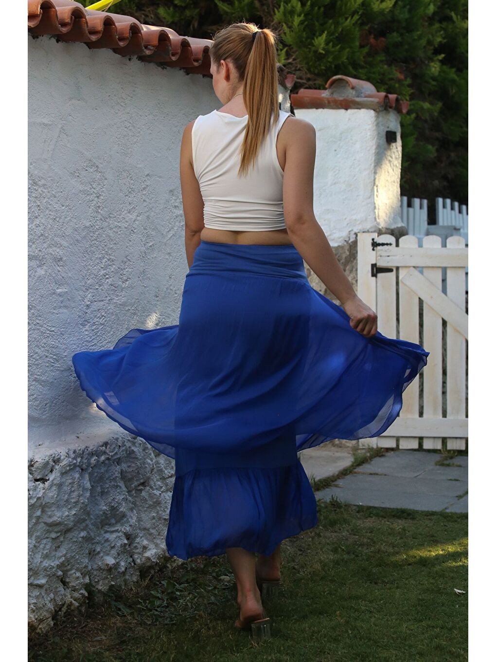 İtalyan Lacivert Astarlı Lastikli Bel Casual İpek Uzun Dokuma Etek 98 60-1