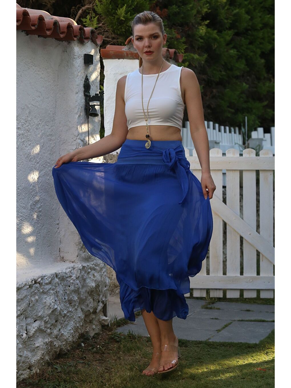 İtalyan Lacivert Astarlı Lastikli Bel Casual İpek Uzun Dokuma Etek 98 60-2