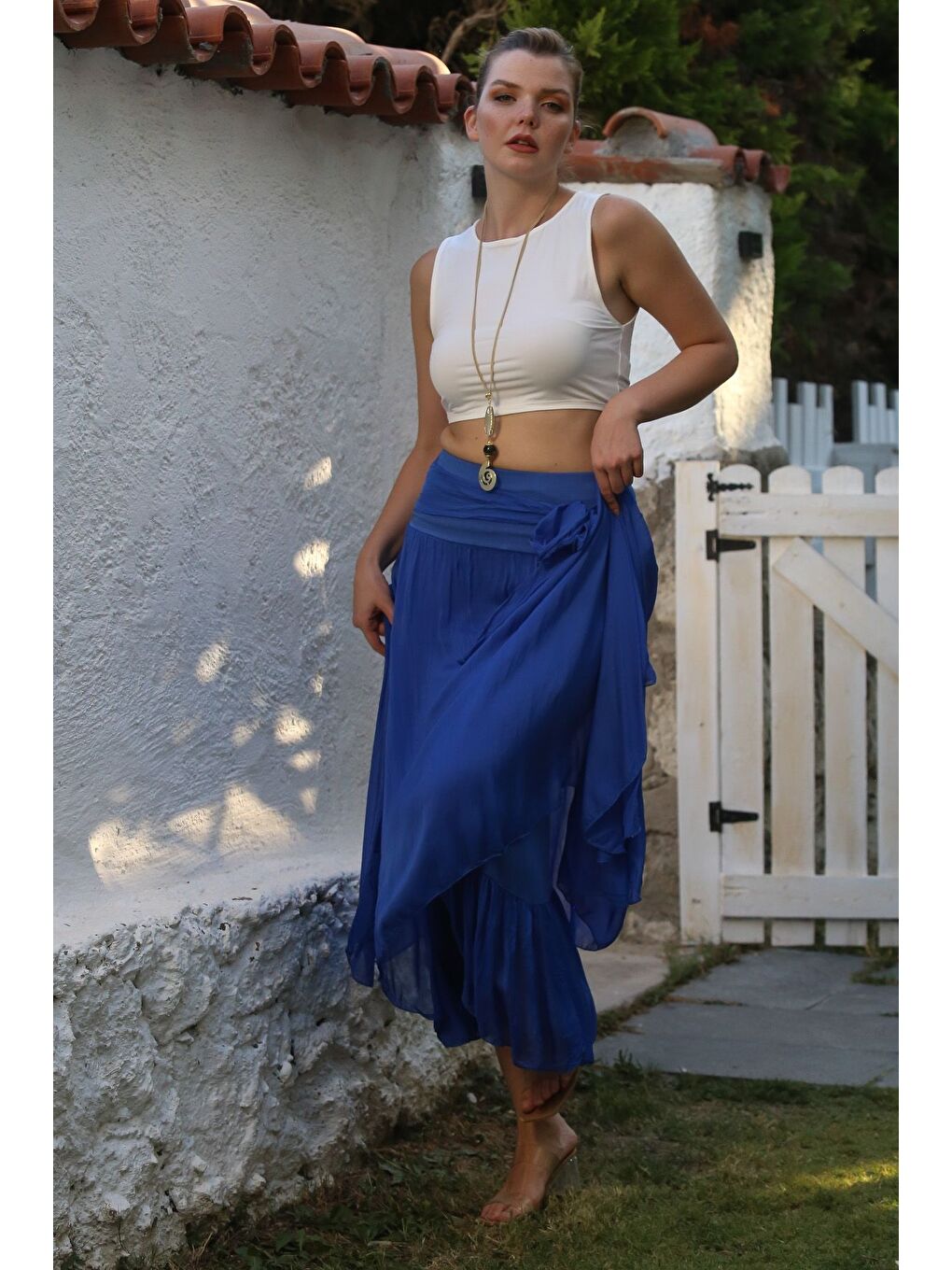 İtalyan Lacivert Astarlı Lastikli Bel Casual İpek Uzun Dokuma Etek 98 60-3