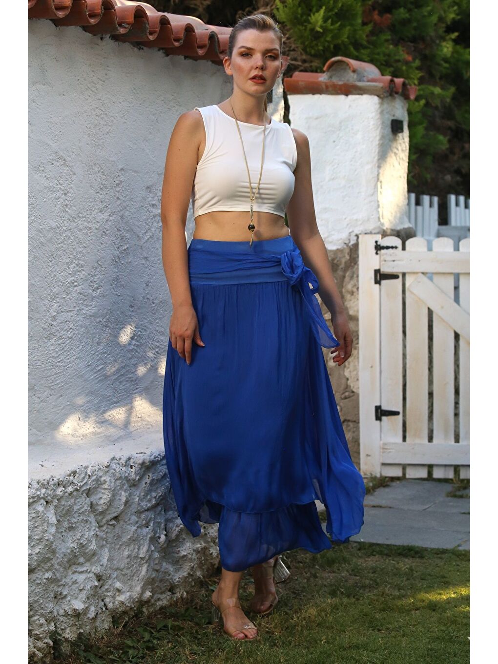 İtalyan Lacivert Astarlı Lastikli Bel Casual İpek Uzun Dokuma Etek 98 60-4