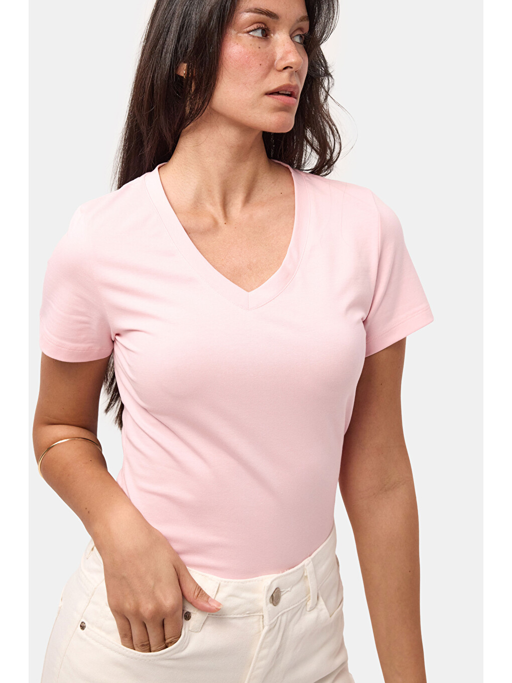 Kadın Light Pembe s6-98 V Yaka %100 Organik Pamuk Esnek Kumaş T-Shirt-1
