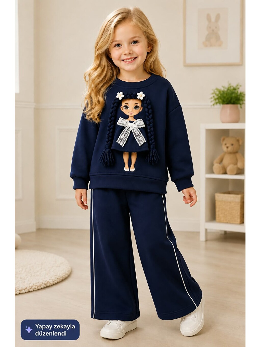 Lacivert Kız Çocuk Baskılı Sweatshirt Ve Bol Paça Pantolonlu 2'li Eşofman Takımı 12931