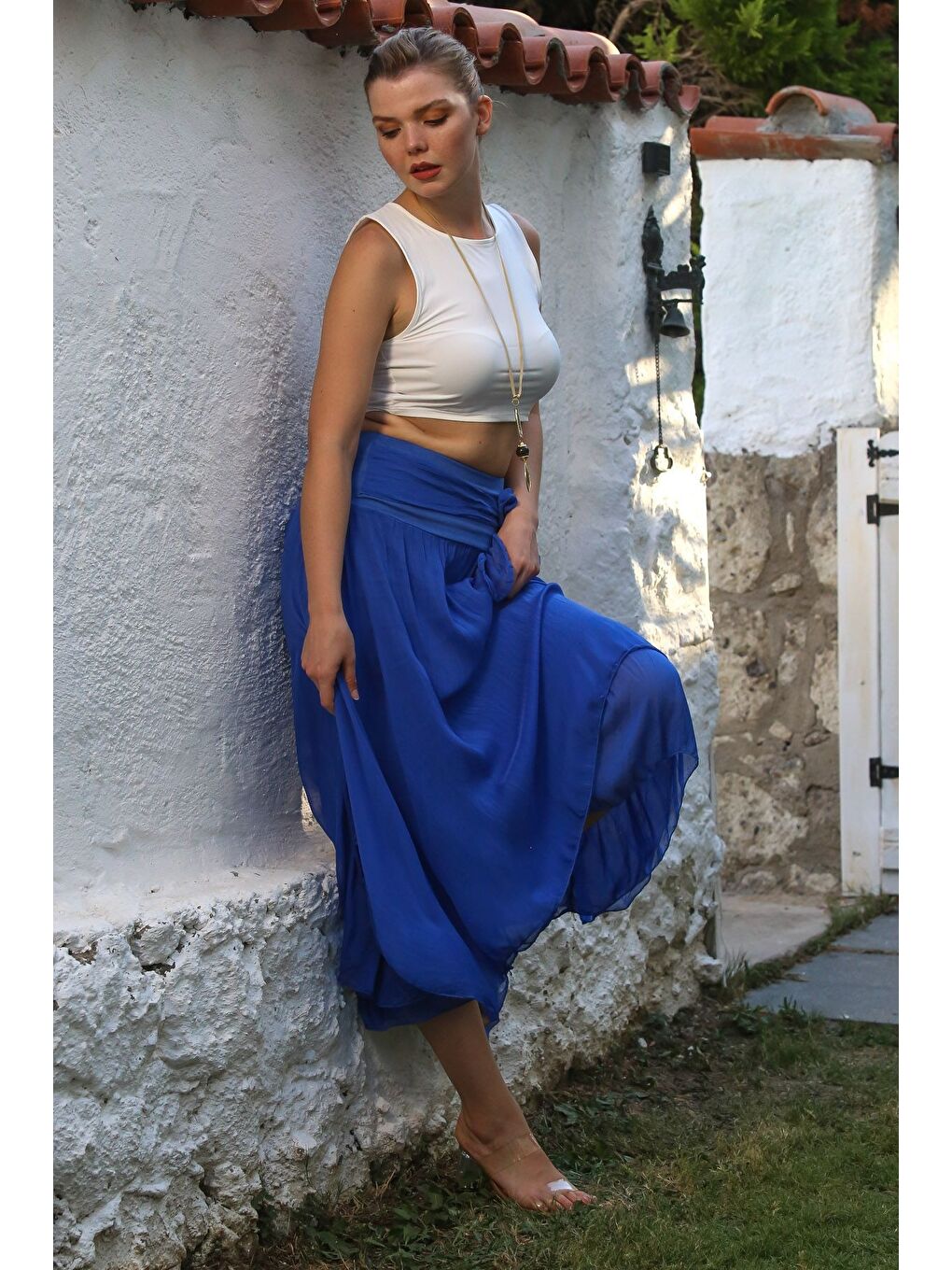 İtalyan Lacivert Astarlı Lastikli Bel Casual İpek Uzun Dokuma Etek 98 60-5