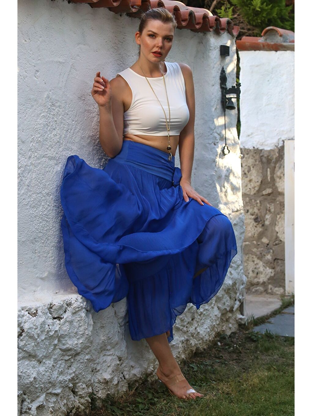 İtalyan Lacivert Astarlı Lastikli Bel Casual İpek Uzun Dokuma Etek 98 60-6