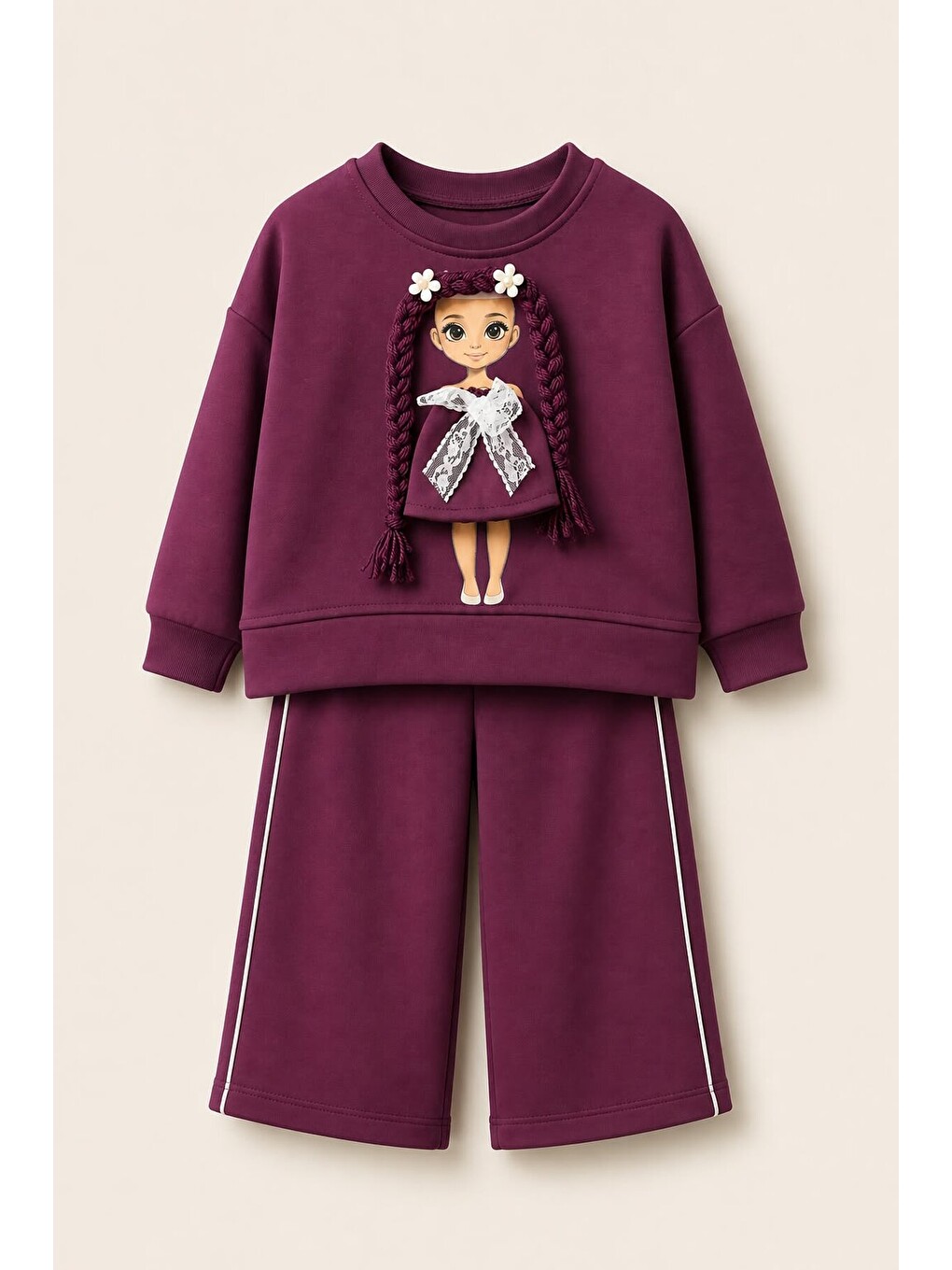 Bordo Kız Çocuk Baskılı Sweatshirt Ve Bol Paça Pantolonlu 2'li Eşofman Takımı 12928-1