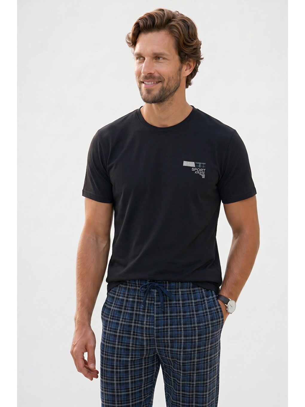 Erkek Standart Fit Normal Kesim Pamuklu Bisiklet Yaka Kısa Kollu Lastikli Siyah Pijama Takımı-1