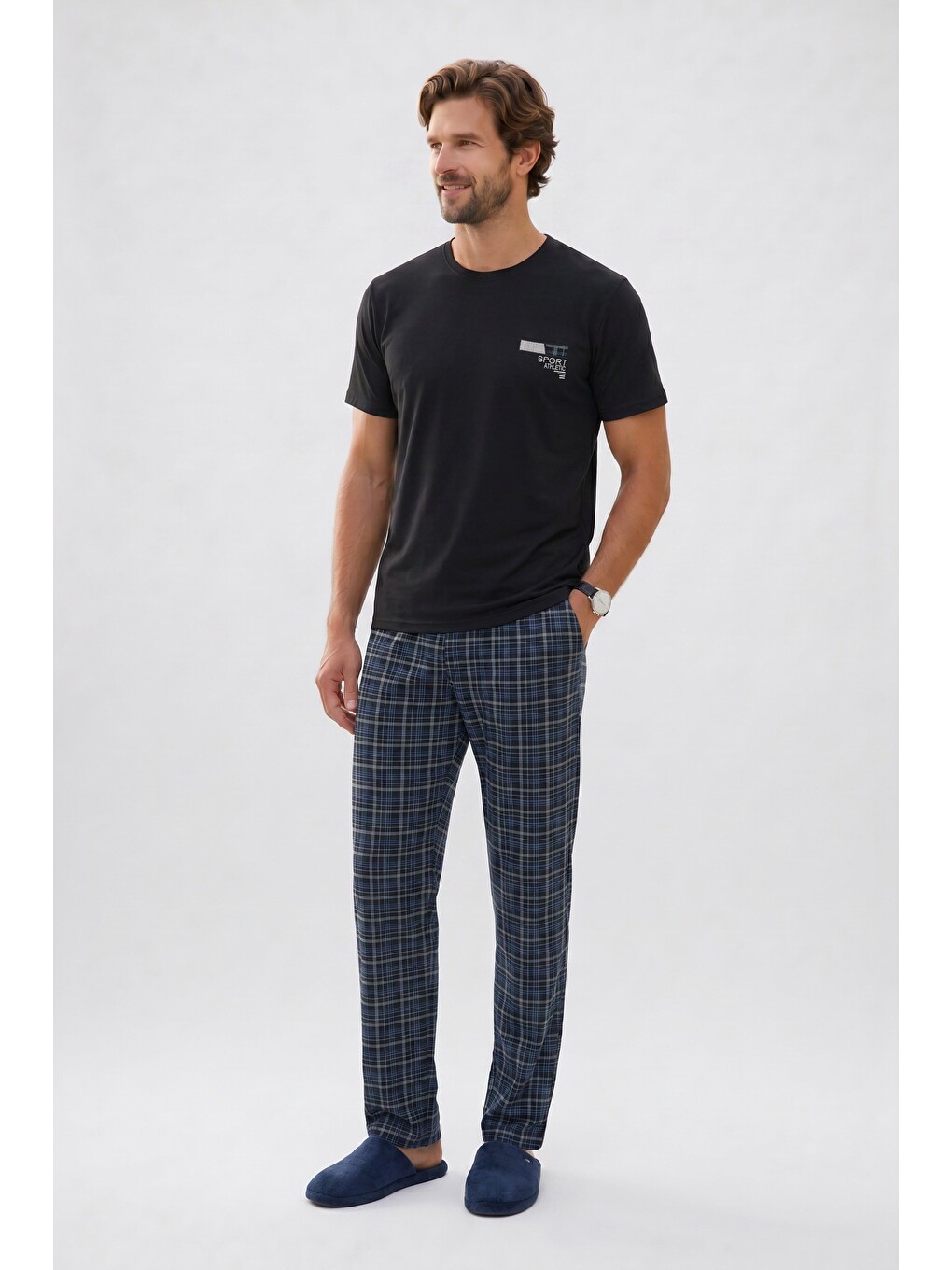 Erkek Standart Fit Normal Kesim Pamuklu Bisiklet Yaka Kısa Kollu Lastikli Siyah Pijama Takımı-2
