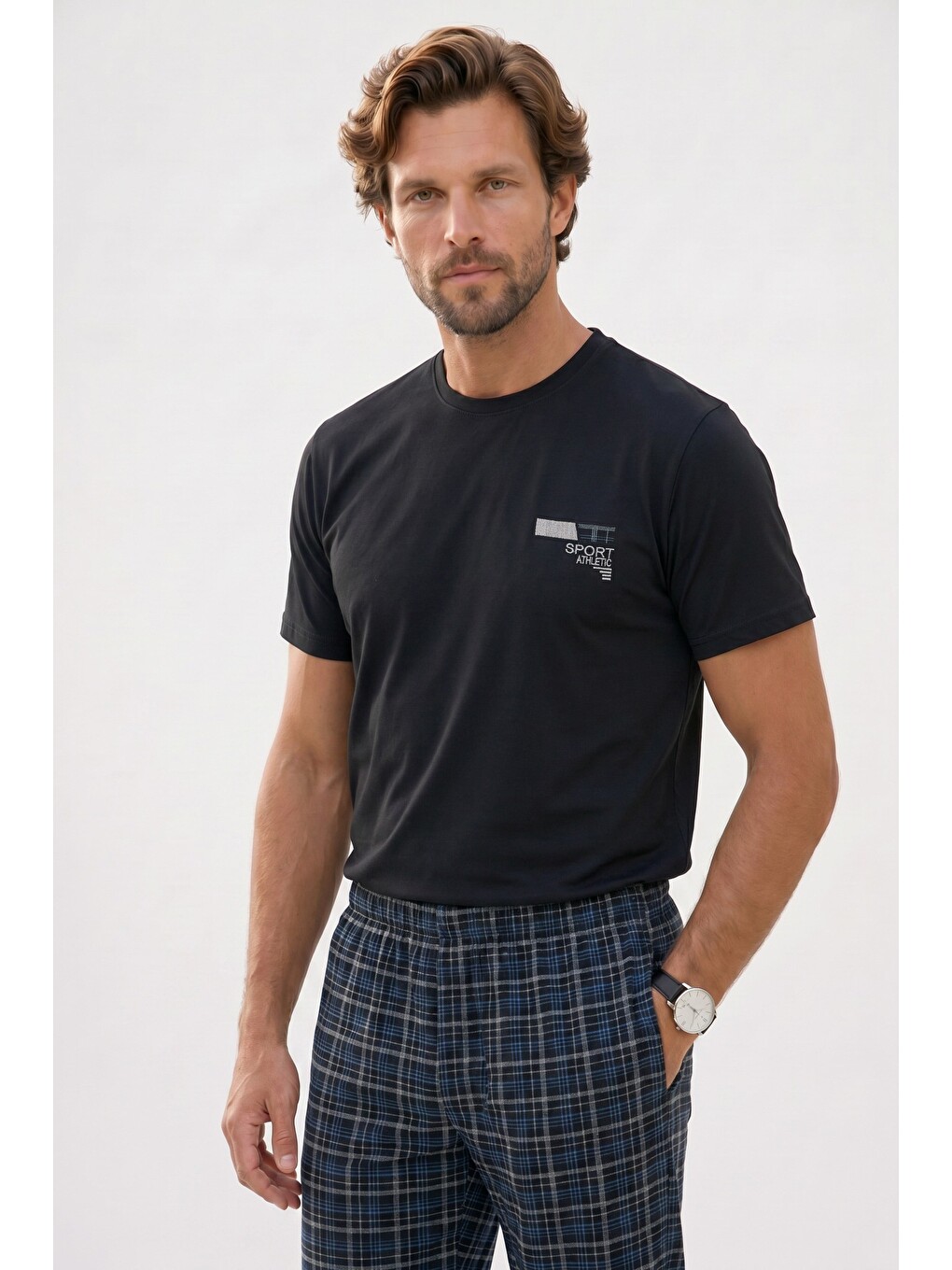 Erkek Standart Fit Normal Kesim Pamuklu Bisiklet Yaka Kısa Kollu Lastikli Siyah Pijama Takımı-3