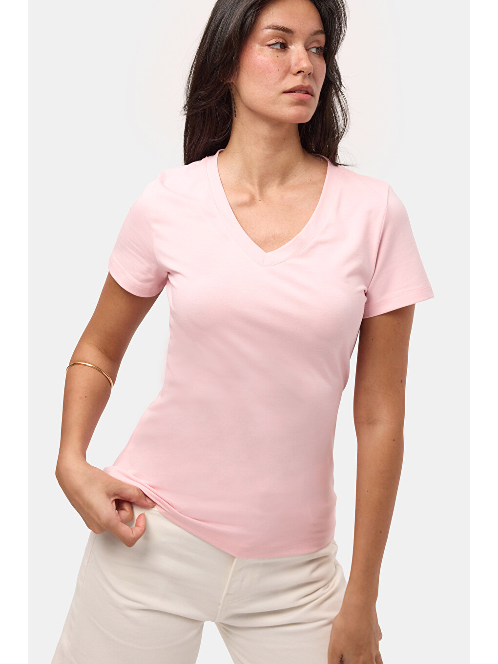 Kadın Light Pembe s6-98 V Yaka %100 Organik Pamuk Esnek Kumaş T-Shirt-4
