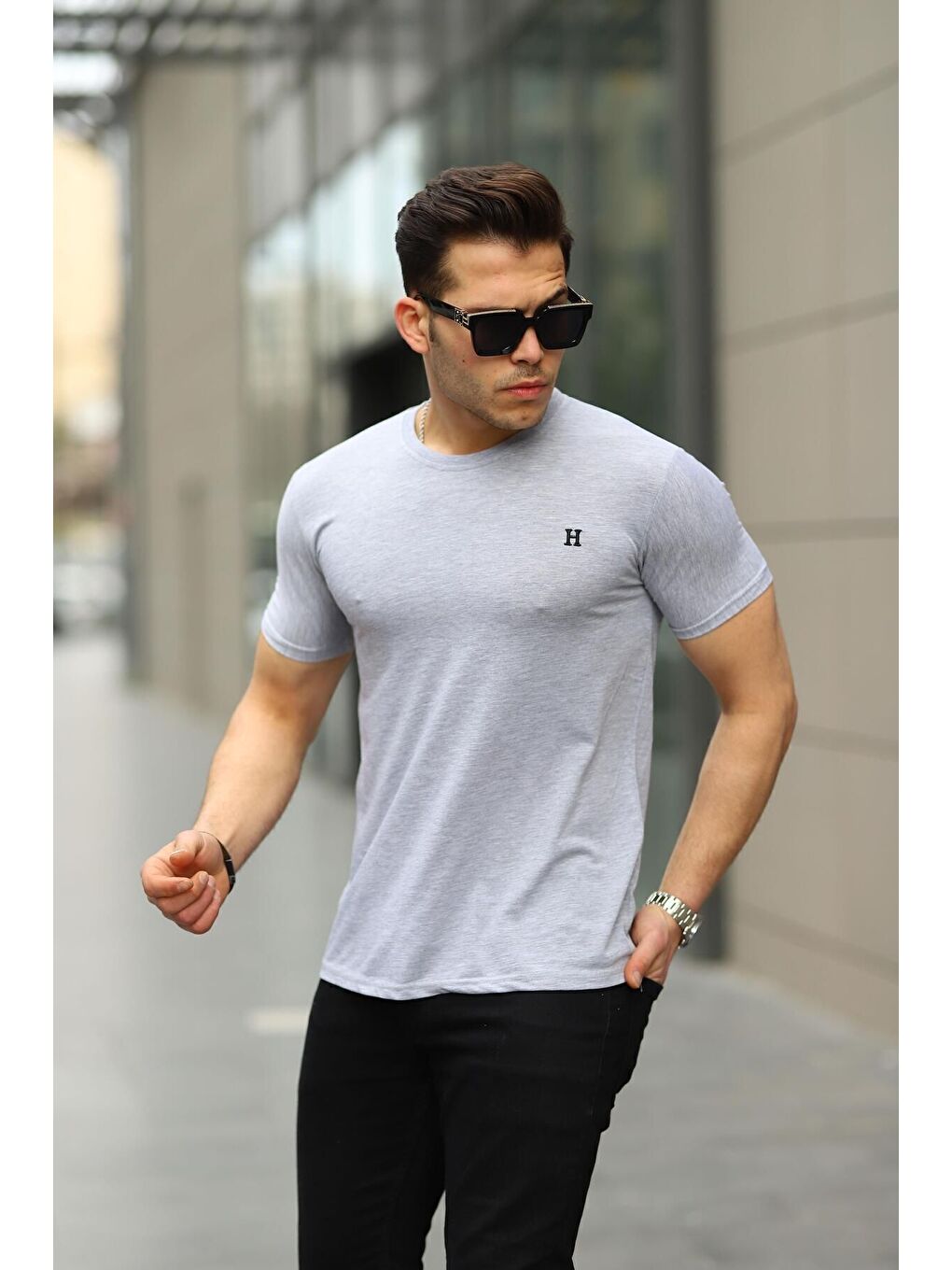 Gri Erkek H Nakış Desenli Oversize Tshirt-3