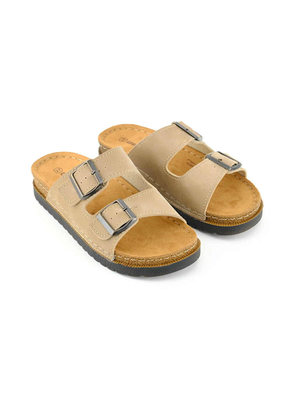 Bej Kadın Yazlık Suni Deri İki Toka Ayarlanabilir Comfort Taban Günlük Terlik-2