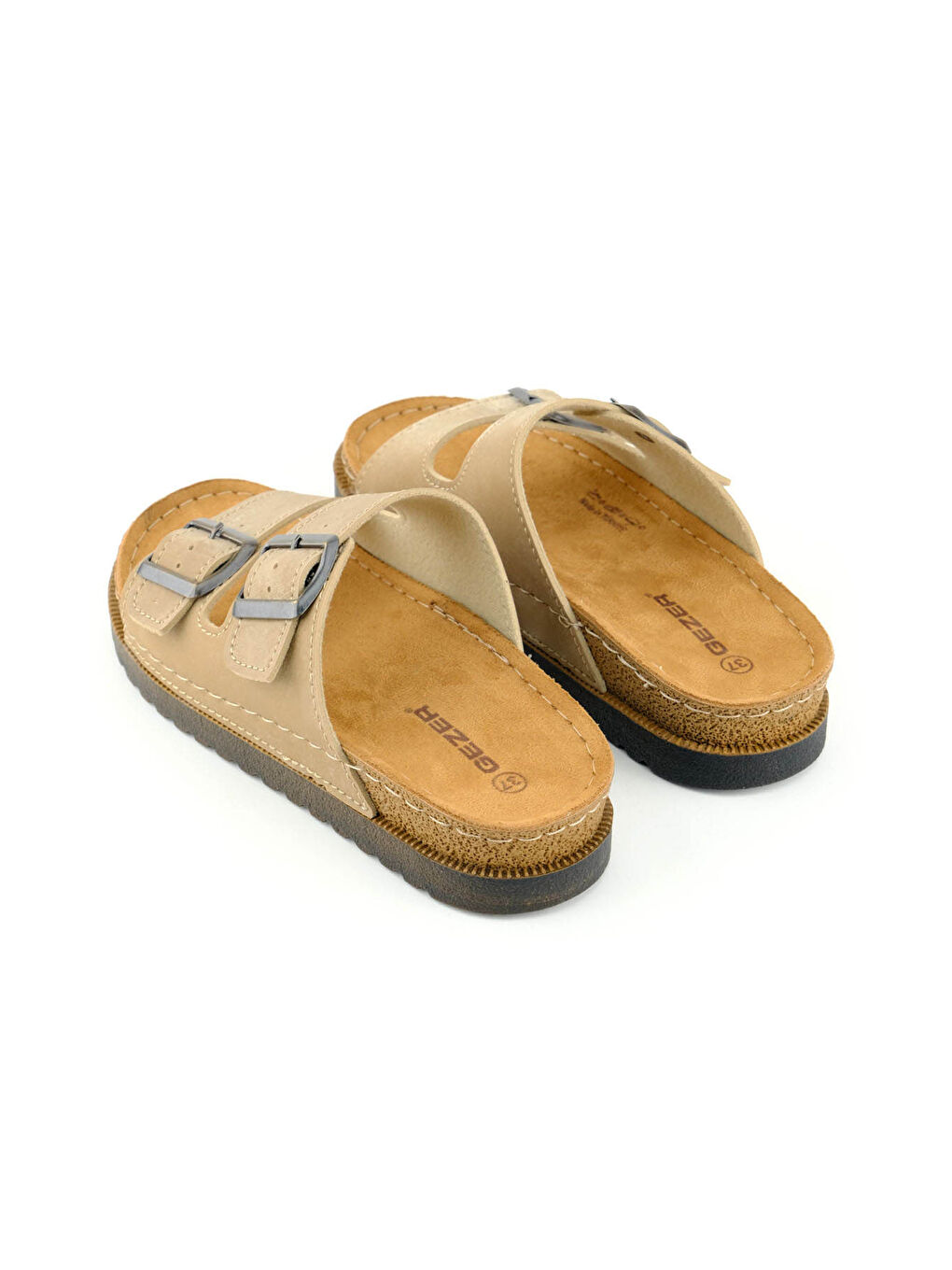 Bej Kadın Yazlık Suni Deri İki Toka Ayarlanabilir Comfort Taban Günlük Terlik-3