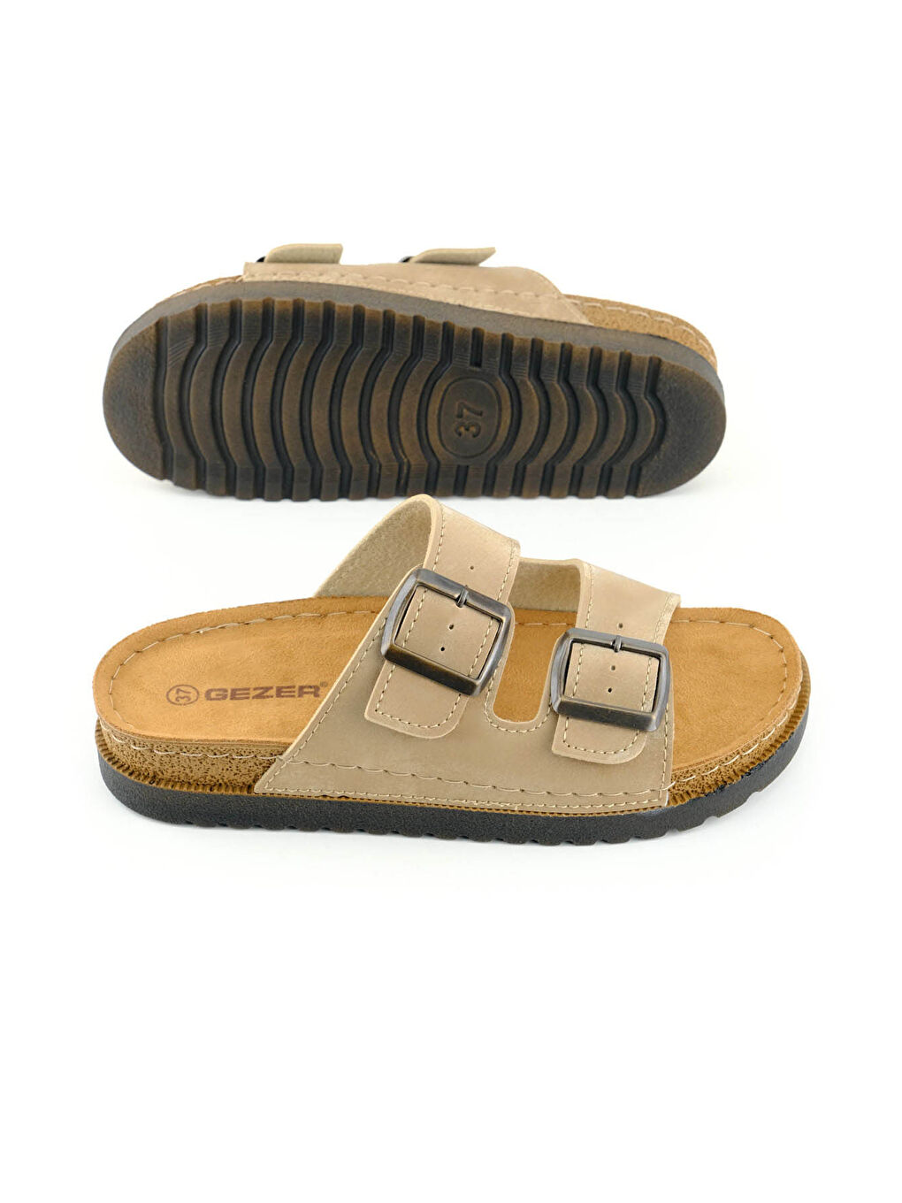 Bej Kadın Yazlık Suni Deri İki Toka Ayarlanabilir Comfort Taban Günlük Terlik-4