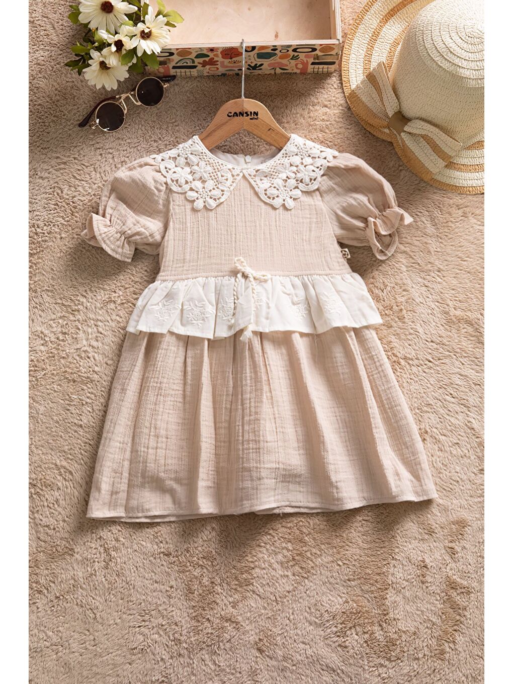 Kahverengi Dantel Yakalı Kız Bebek Kısa Kol Elbise 22667