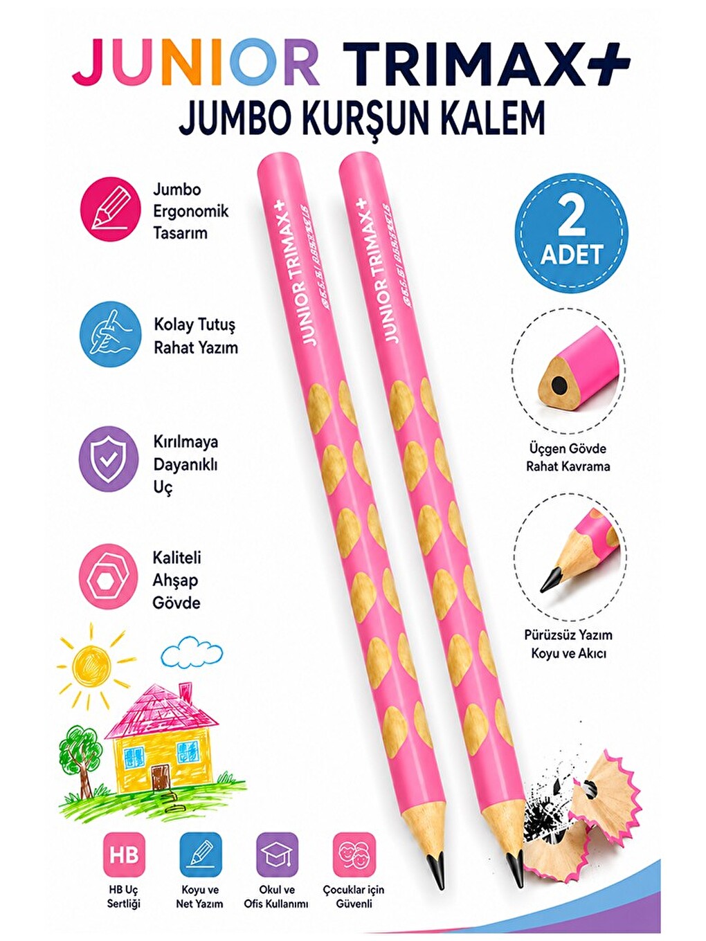 Pembe Jumbo Kurşun Kalem Oluklu 2 Adet Alpino Trimax Üçgen Oluklu Kalın Kalem Pastel Renkler Kolay T