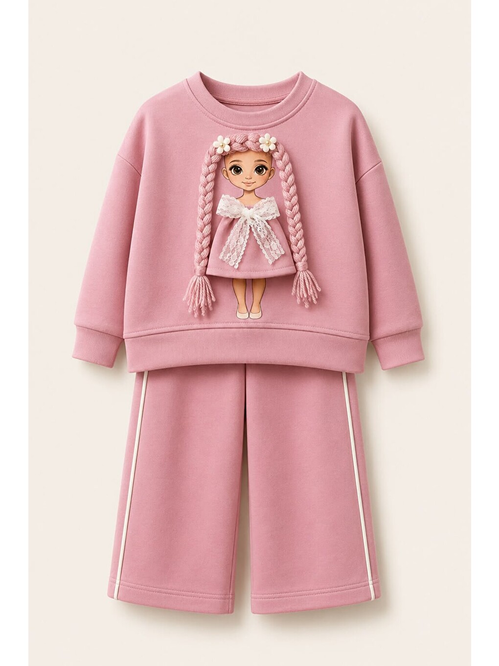 Pembe Kız Çocuk Baskılı Sweatshirt Ve Bol Paça Pantolonlu 2'li Eşofman Takımı 12930-1