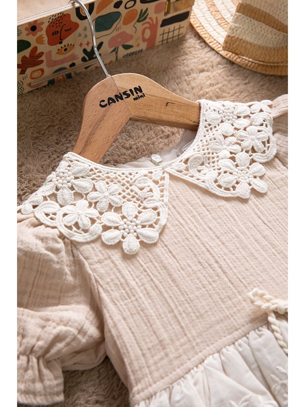 Kahverengi Dantel Yakalı Kız Bebek Kısa Kol Elbise 22667-1