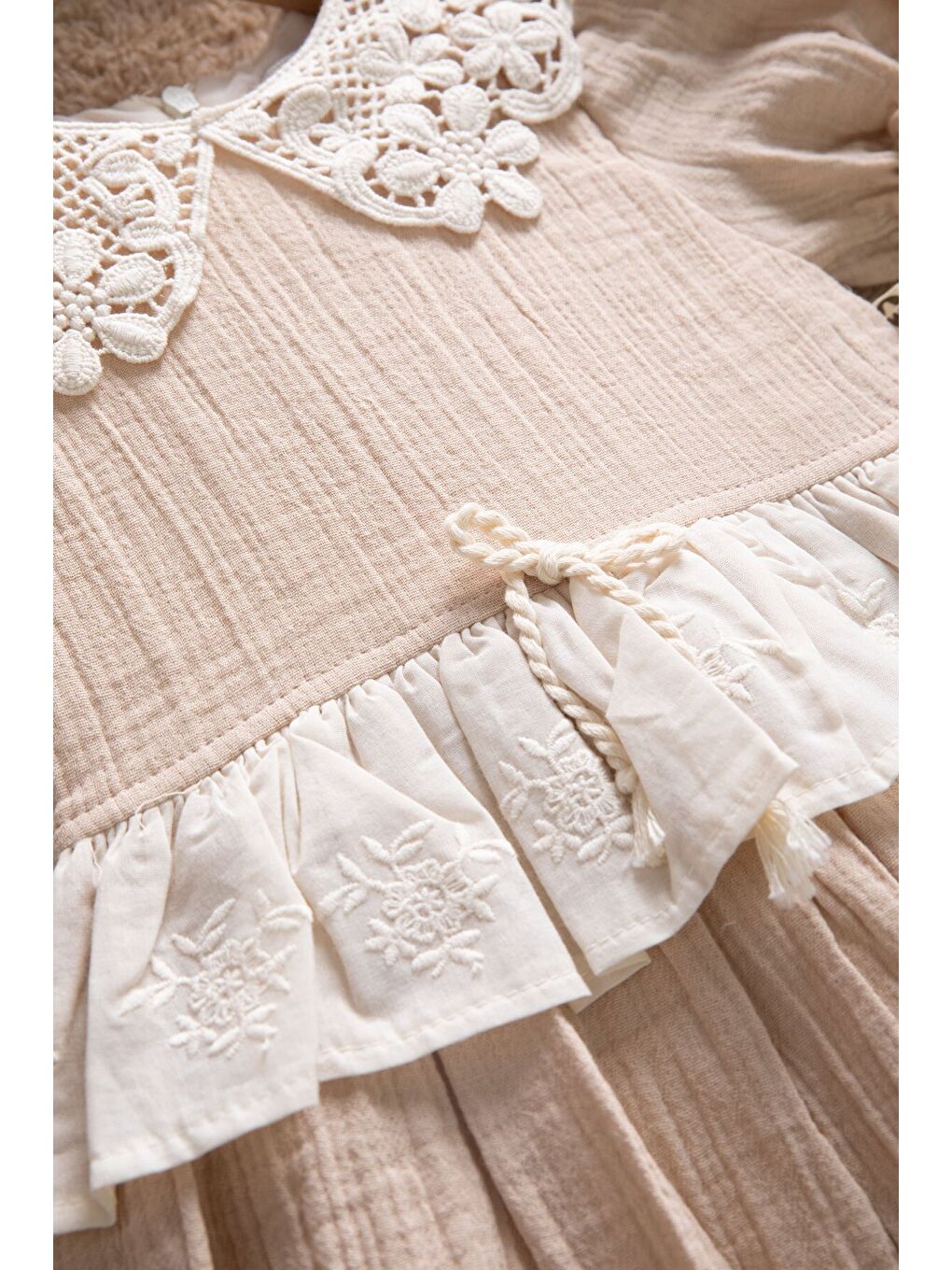 Kahverengi Dantel Yakalı Kız Bebek Kısa Kol Elbise 22667-2