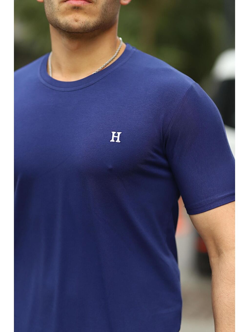 Lacivert Erkek H Nakış Desenli Oversize Tshirt-1