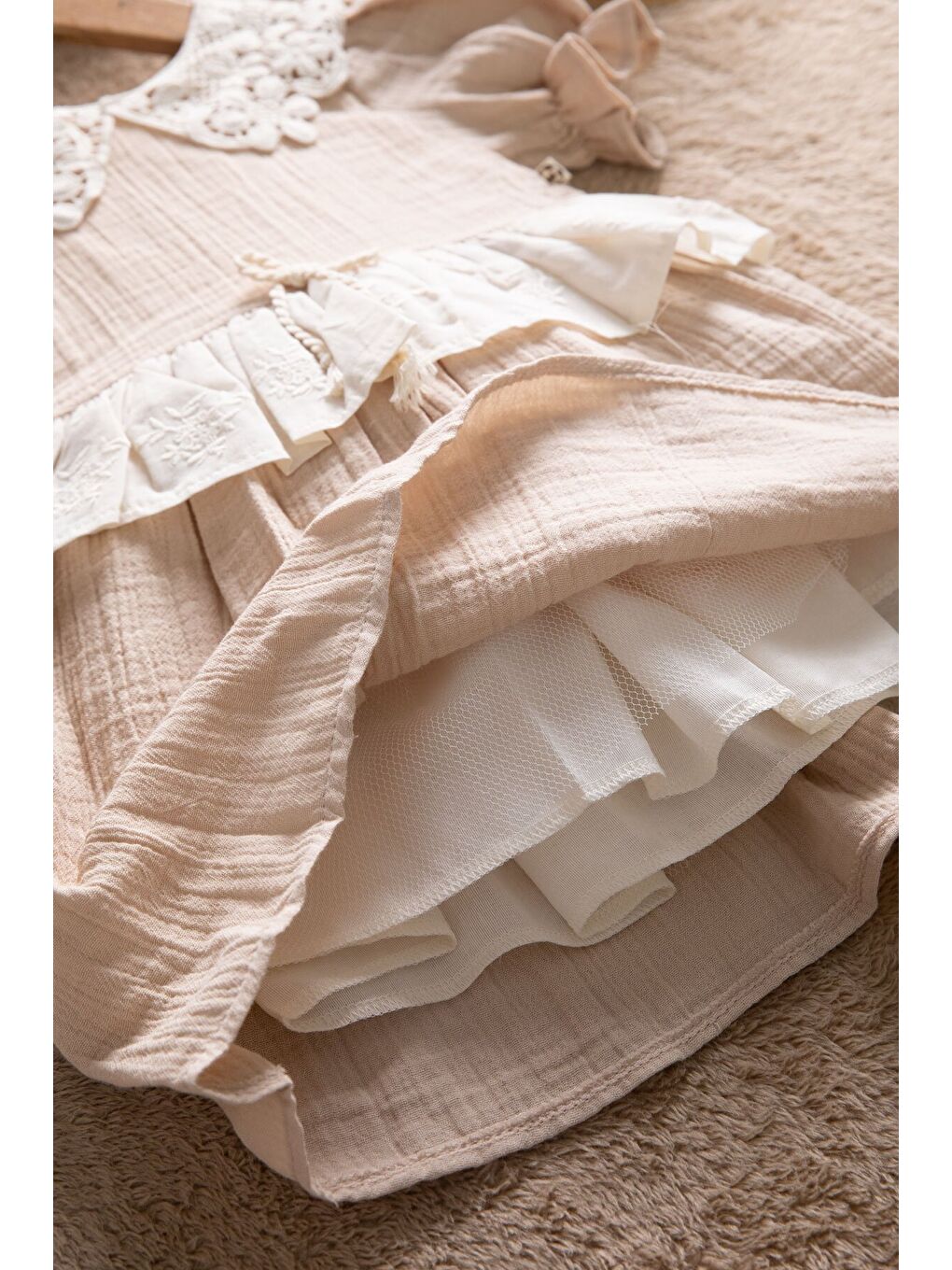 Kahverengi Dantel Yakalı Kız Bebek Kısa Kol Elbise 22667-3