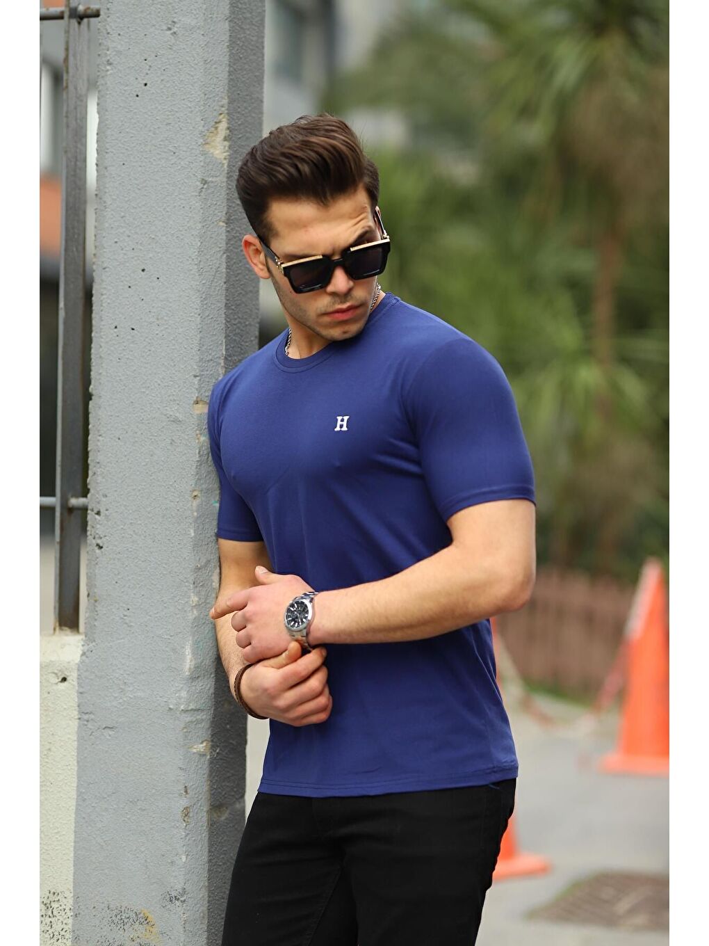 Lacivert Erkek H Nakış Desenli Oversize Tshirt-2