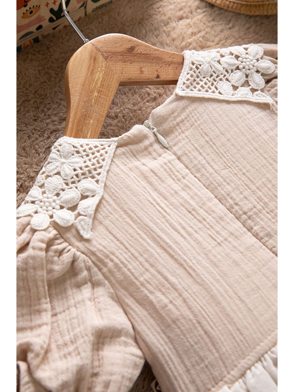 Kahverengi Dantel Yakalı Kız Bebek Kısa Kol Elbise 22667-4