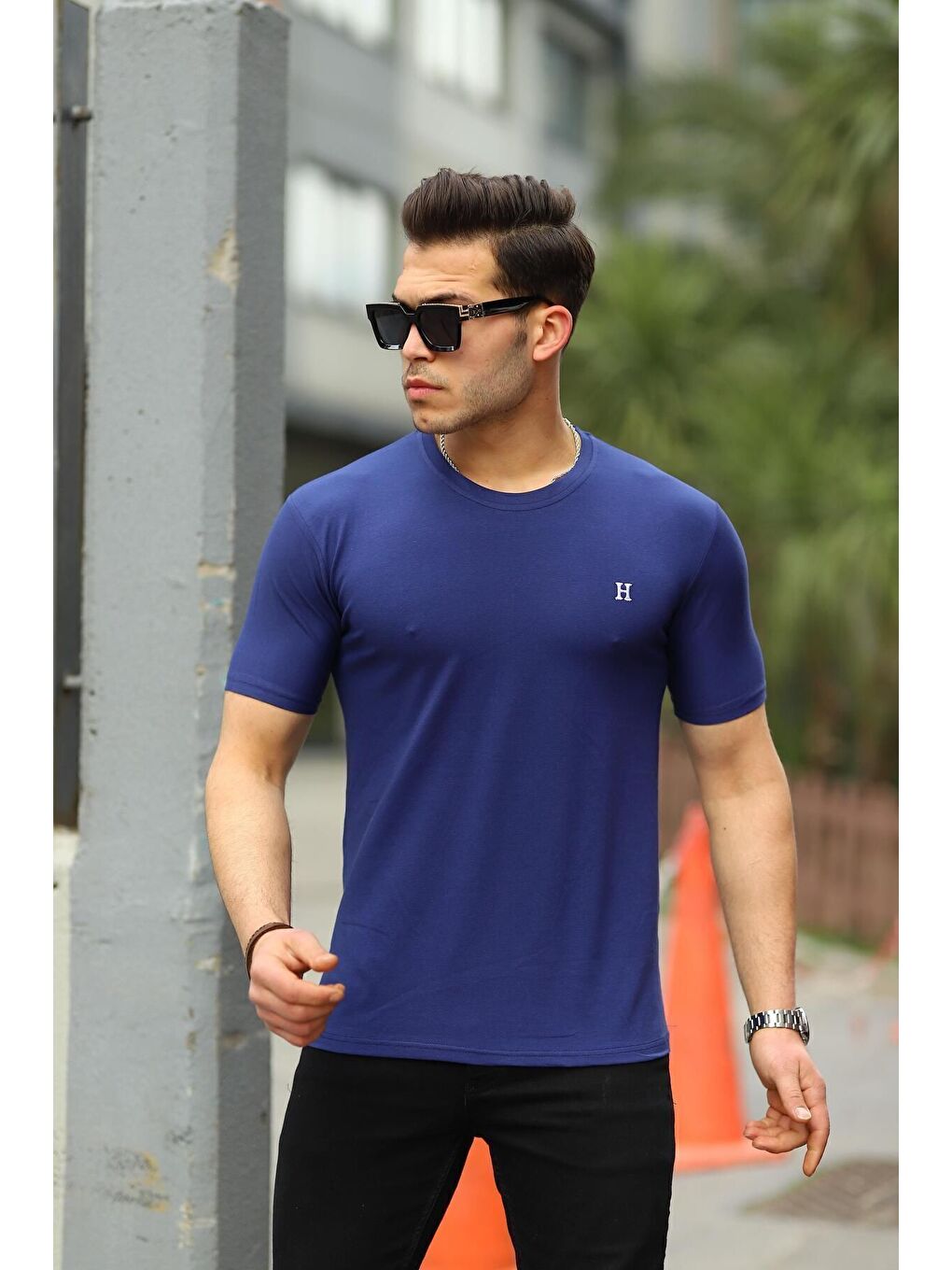 Lacivert Erkek H Nakış Desenli Oversize Tshirt-3