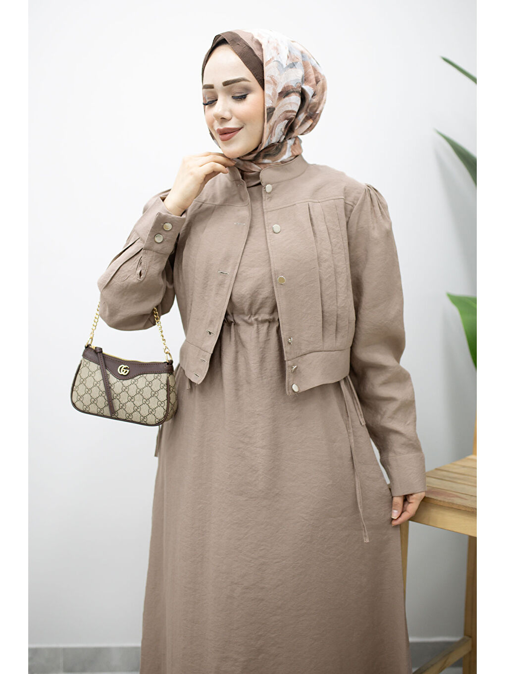 Bej Beli Büzgülü Jile Elbise TSD260214 Vizon-1