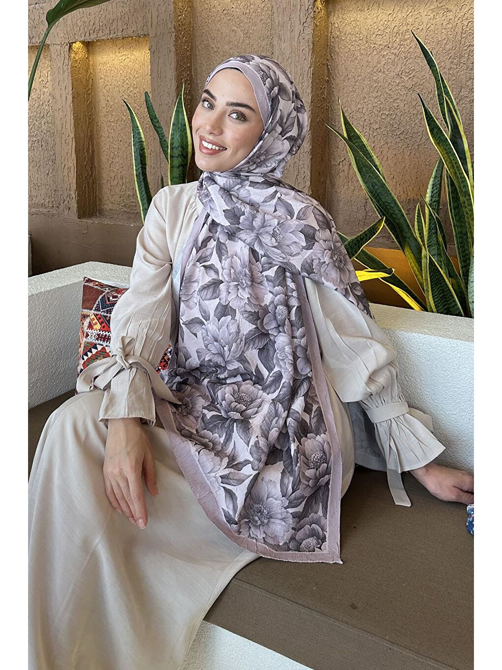 Pembe Lotus Desen Bambu Şal Pudra