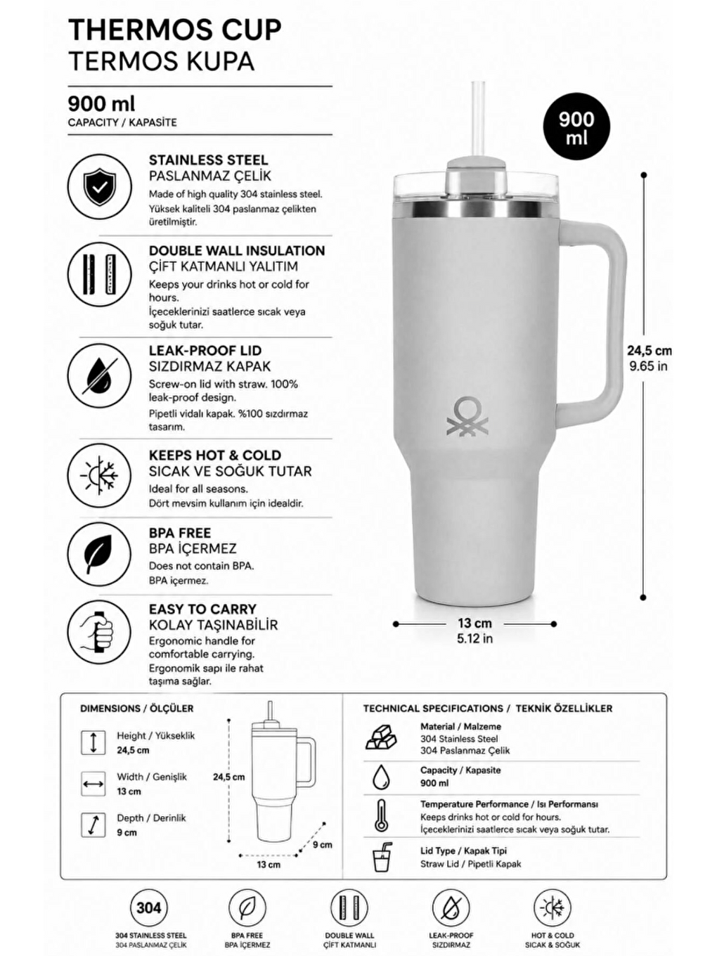 Sarı 900 Ml Çelik Termos Kct100-2