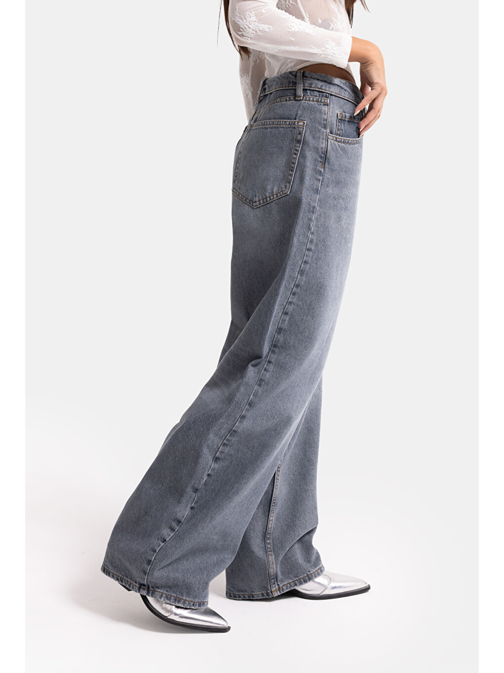 Kadın Koyu Gri 2w6-125 Straight Fit Kemer Detaylı Denim Jean-6