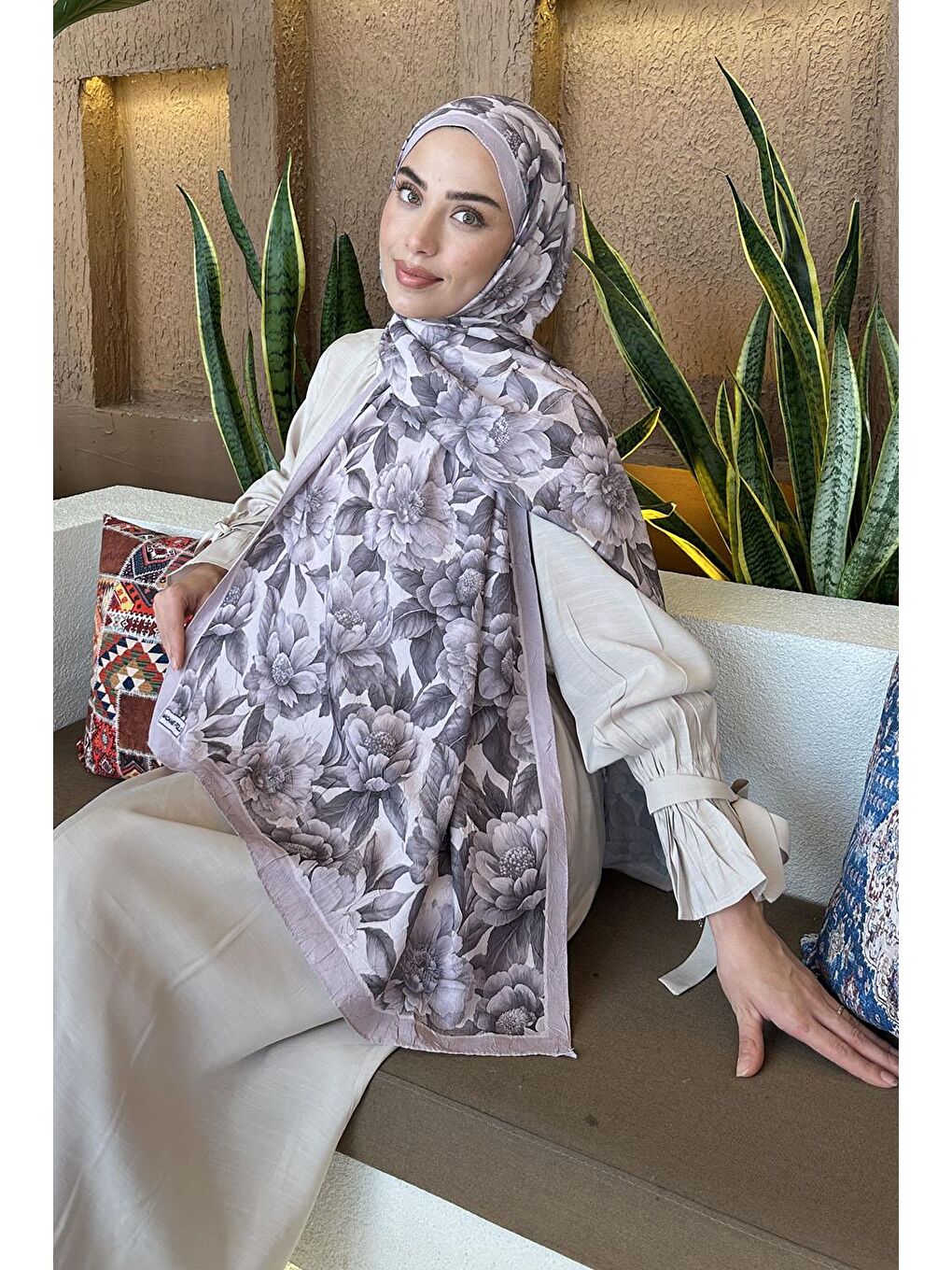 Pembe Lotus Desen Bambu Şal Pudra-1