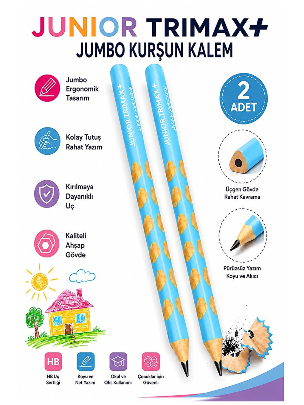 Turkuaz Jumbo Kurşun Kalem Oluklu 2 Adet Alpino Trimax Üçgen Oluklu Kalın Kalem Pastel Renkler Kolay